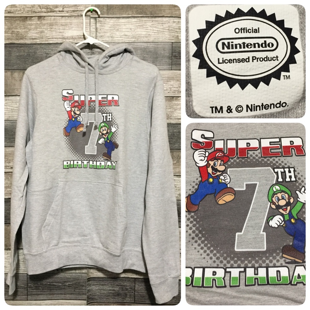 Nintendo Super Mario Bros 7th Birthday Hoodie Men’s S Gray Pullover Port Company